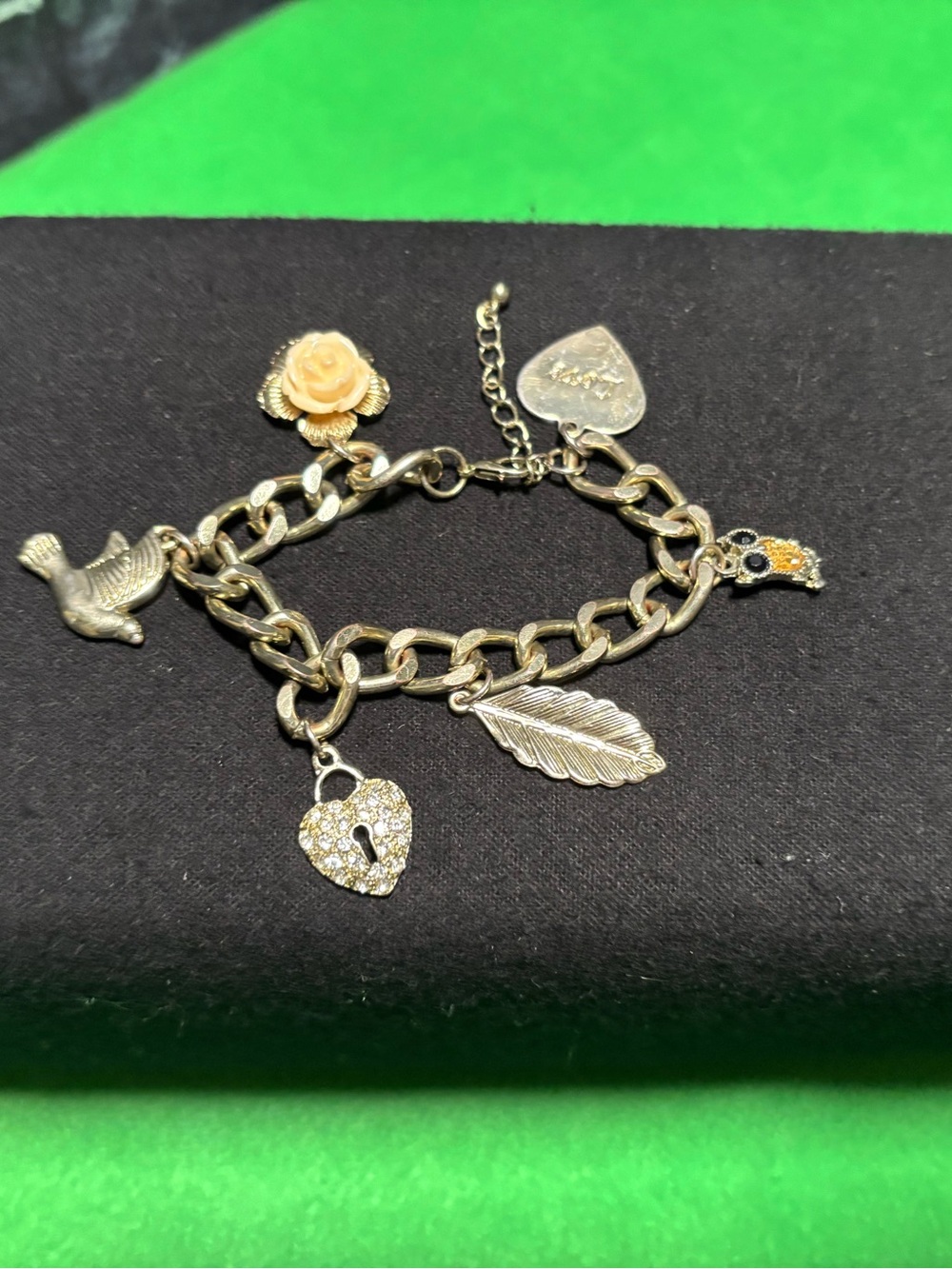 Vintage Charm Bracelet with Rose, Feather & Heart Charms - Gold Tone